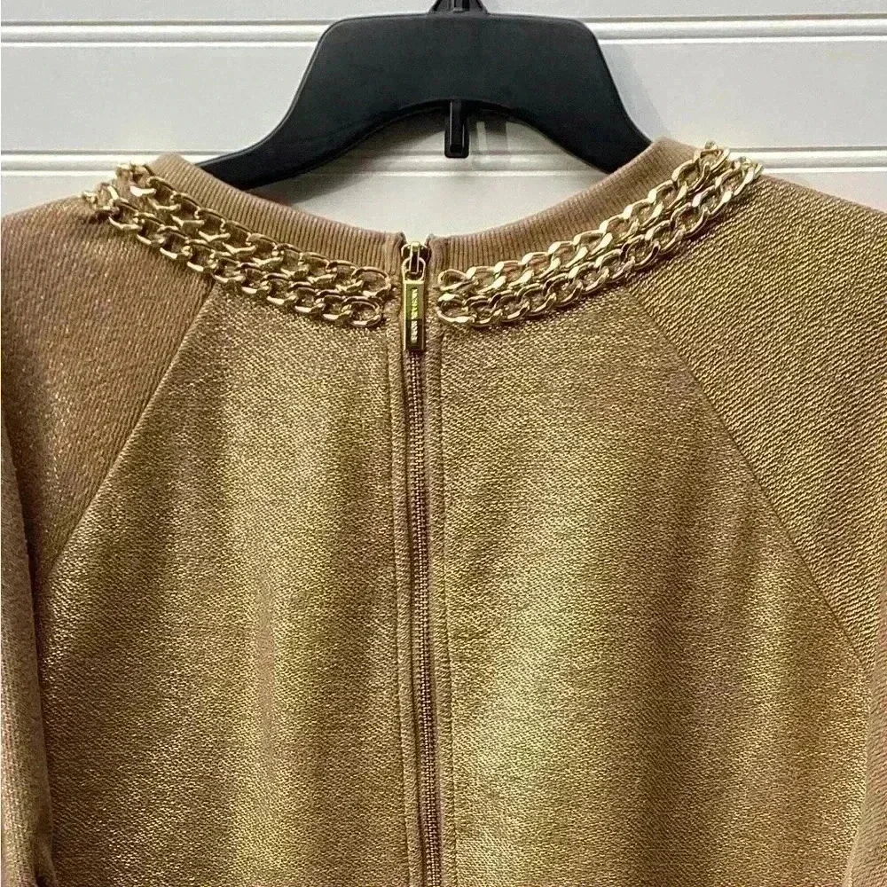 Micheal Kors Gold Chain Gold Shimmer Sweater Long sleeve Midi  Dress Size Large